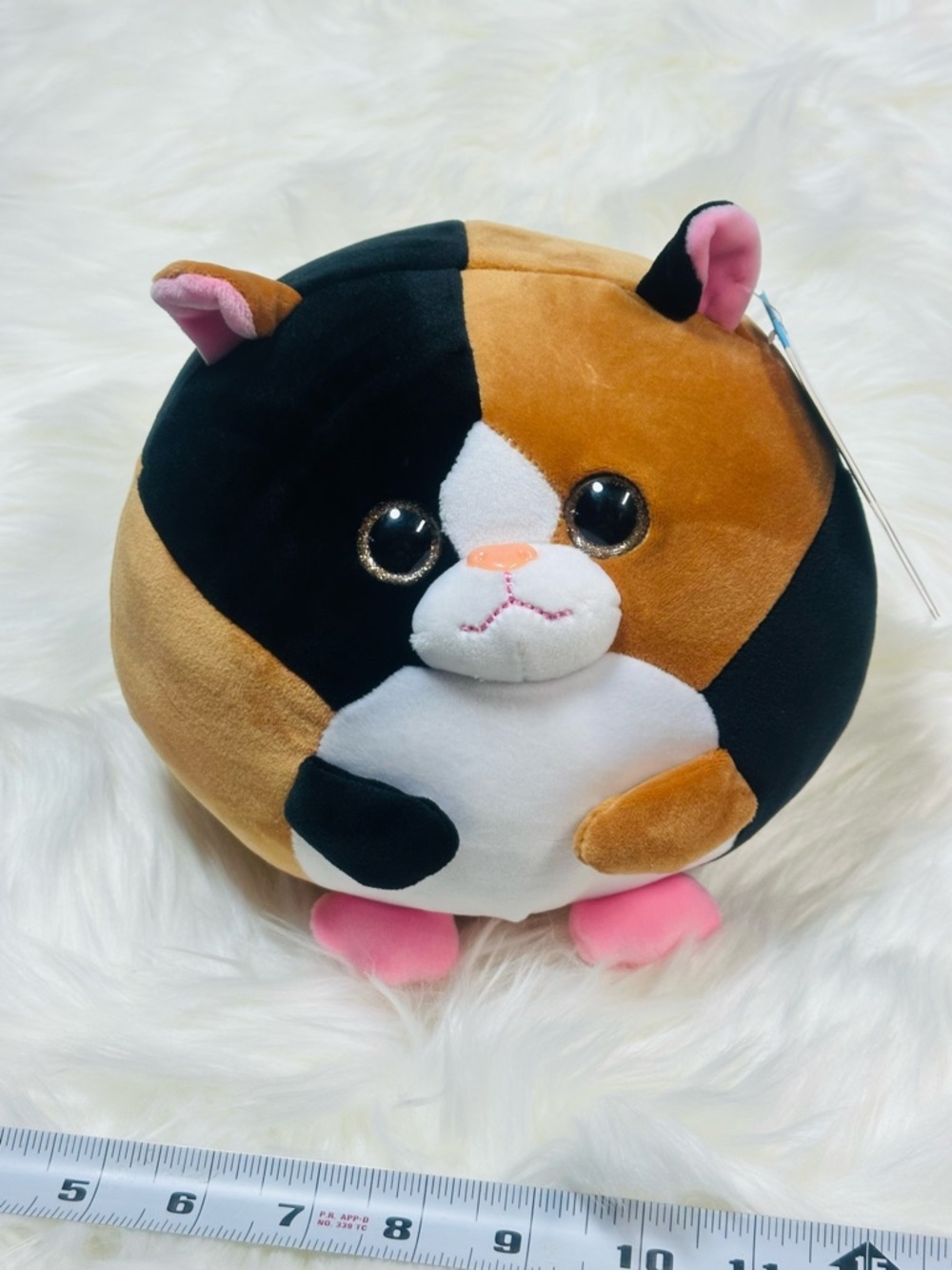 Calico Plush Round Cat Toy - Brown Black White with Pink Accents